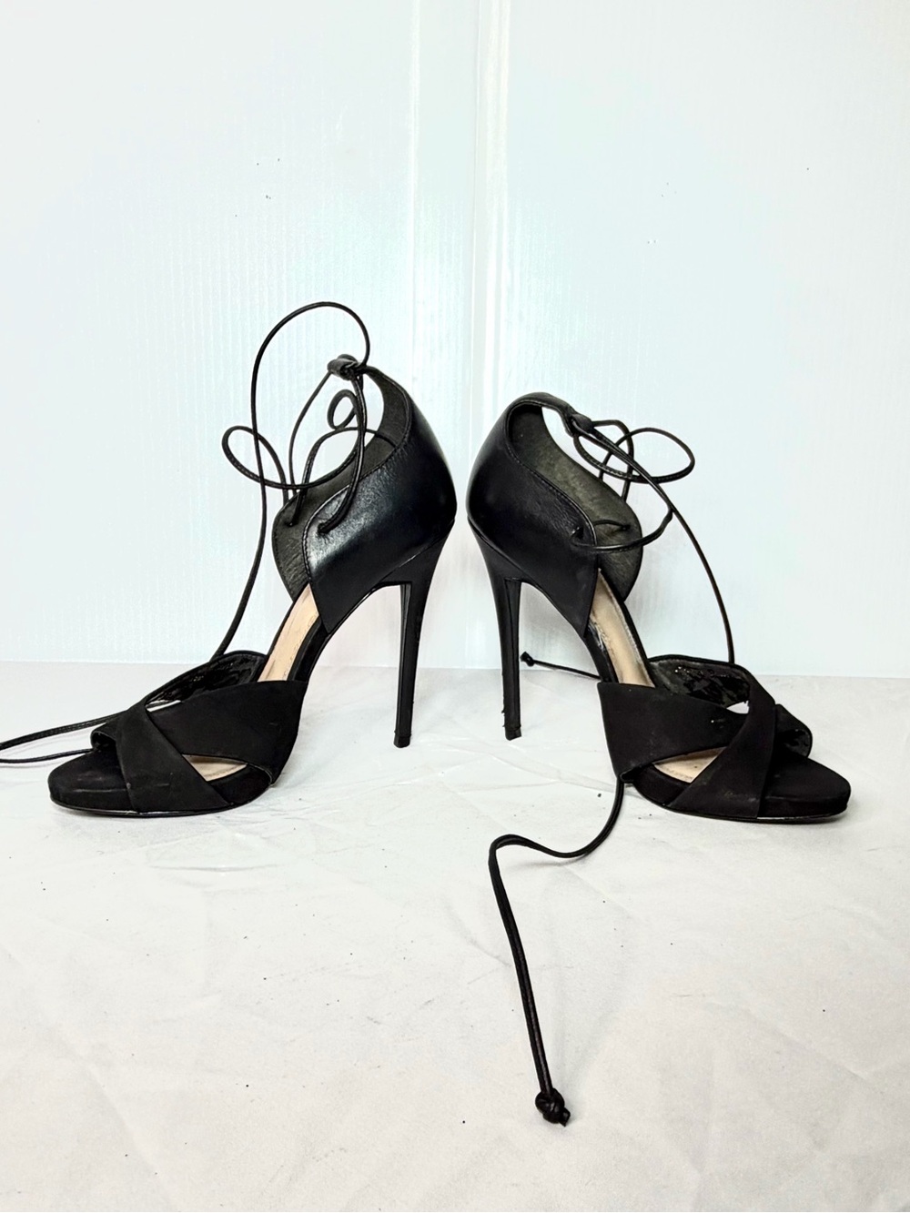 Office London Black Lace-Up Stiletto Heels Size 7.5 Peep Toe
